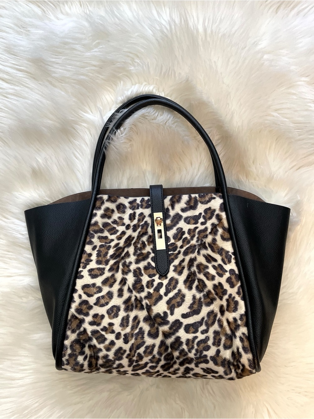 Unbillion Leopard Print Faux Fur & Black Vegan Leather Tote Bag